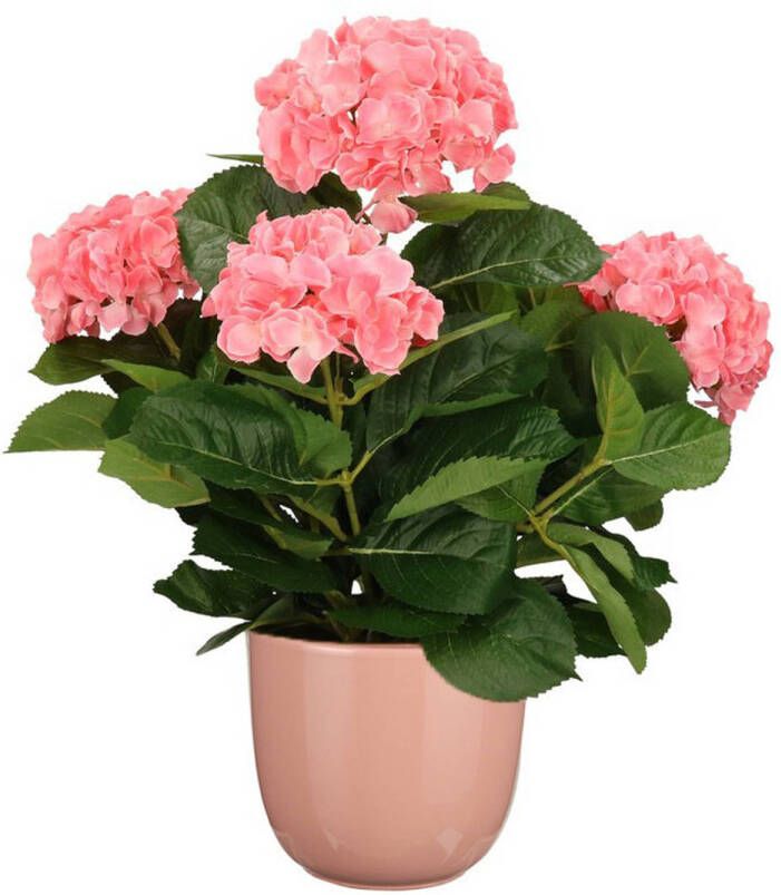 Mica Decorations Hortensia kunstplant kunstbloemen 45 cm roze in pot roze glans Kunstplanten