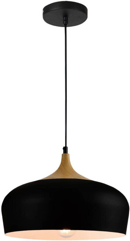 QUVIO Hanglamp Scandinavisch Rond metaal met houtlook Diameter 33 cm Zwart en bruin