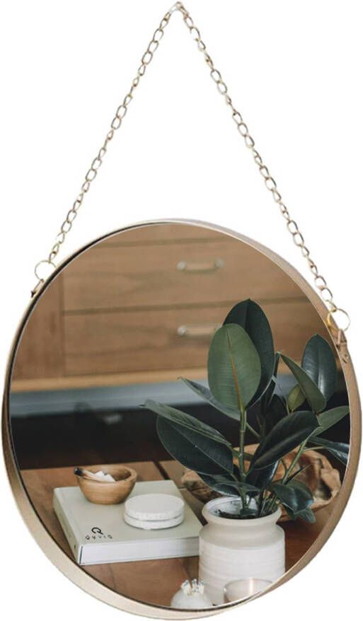 QUVIO Spiegel rond met ketting Goud Diameter 25 5 cm