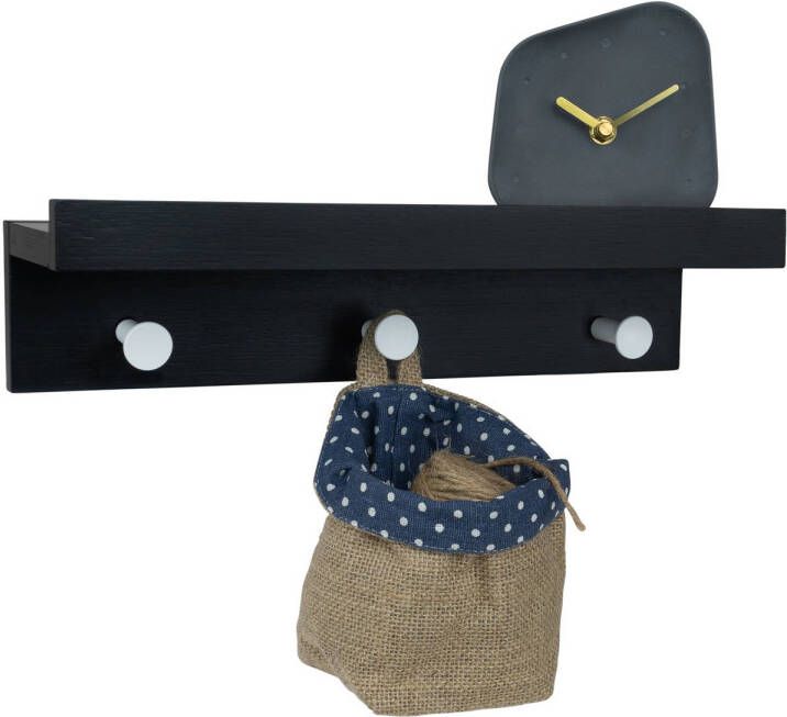 QUVIO Wand kapstok hout met plank + 3 haken Zwart|Zilver