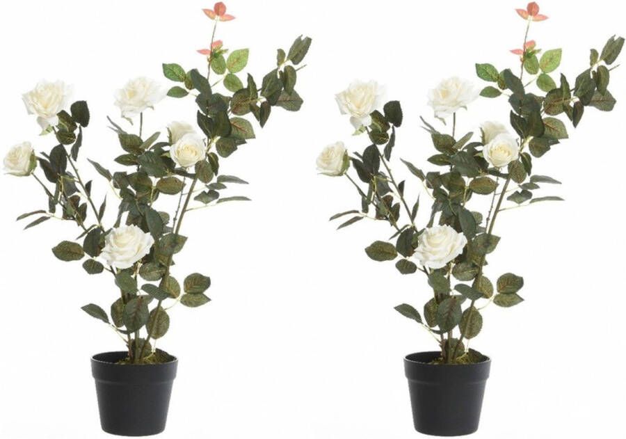 Shoppartners 2x Groene witte Rosa rozenstruik kunstplanten 80 cm in pot Kunstplanten