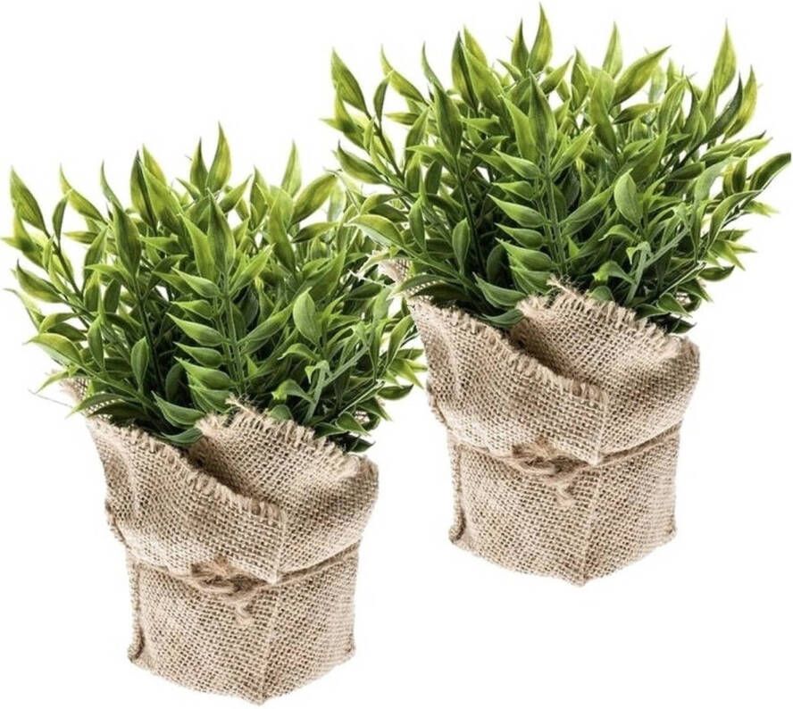 Merkloos 2x Kunstplant muizendoorn kruiden groen in pot 20 cm Kunstplanten nepplanten Kunstplanten