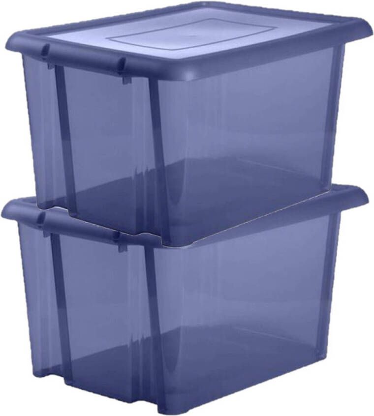 Eda 2x stuks kunststof opbergboxen opbergdozen donkerblauw transparant L65 x B50 x H36 cm stapelbaar Opbergbox