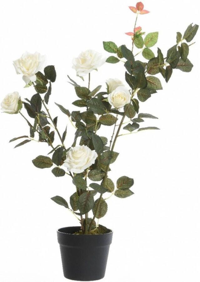Shoppartners Groene witte Rosa rozenstruik kunstplant 80 cm in zwarte pot Kunstplanten