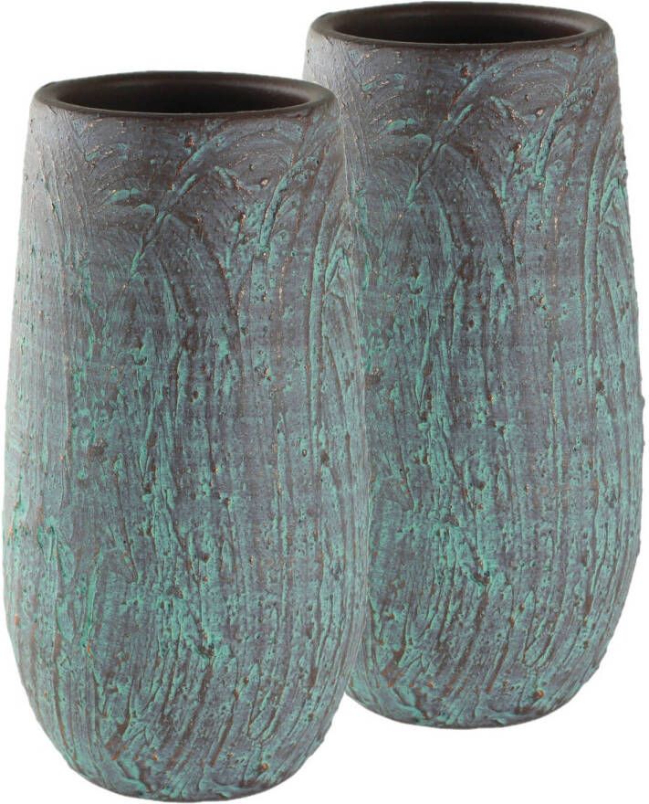 Ter Steege Set van 2x stuks hoge bloempotten plantenpotten vaas van keramiek antiek brons D17 en H30 cm Vazen