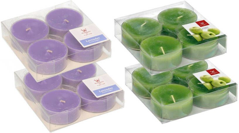 Trend Candles 16x max-size geurkaarsen theelichtjes lavendel en appel 8 branduren geurkaarsen