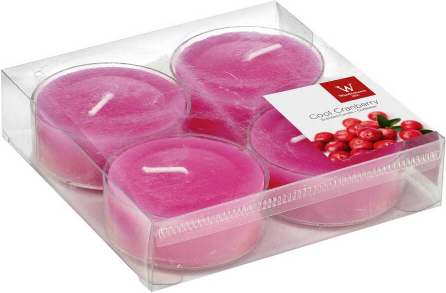 Trend Candles 4x Maxi geurtheelichtjes cranberry roze 8 branduren Geurkaarsen cranberrygeur veenbessengeur Grote waxinelichtjes geurkaarsen