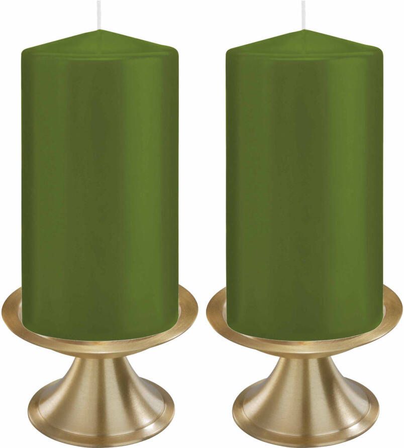 Trend Candles Set van 2x Olijfgroene cilinderkaarsen stompkaarsen 8 x 15 cm met 2x gouden kaarsenhouders Stompkaarsen