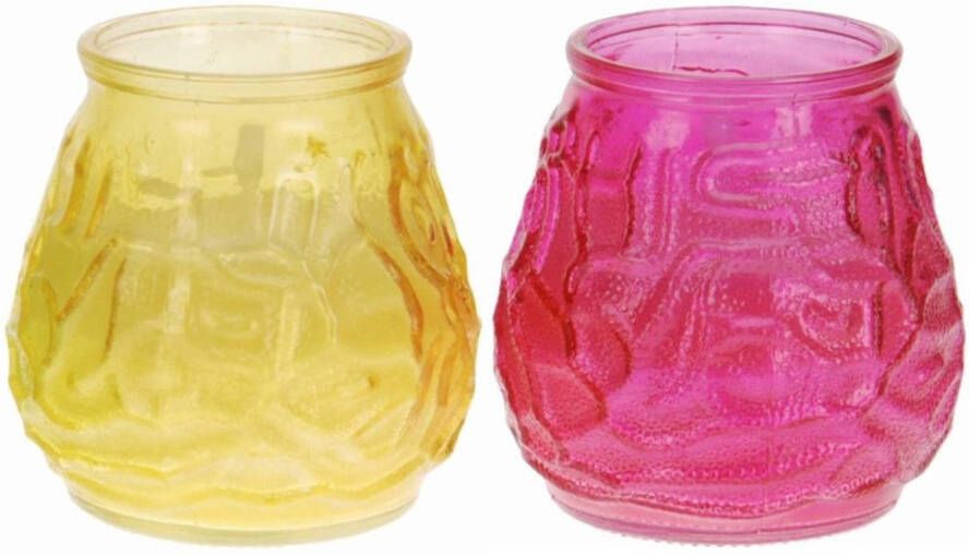 Trendoz Set van 2x windlichten geurkaarsen citronella anti muggen roze en geel glas geurkaarsen