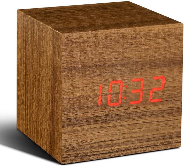 Gingko Cube click clock Alarmklok Teak LED Rood