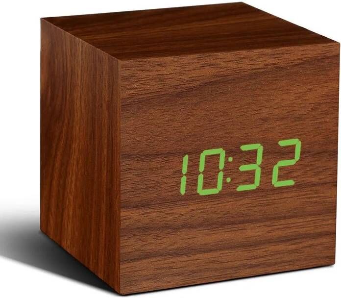 Gingko Cube click clock Alarmklok Walnoot LED Groen