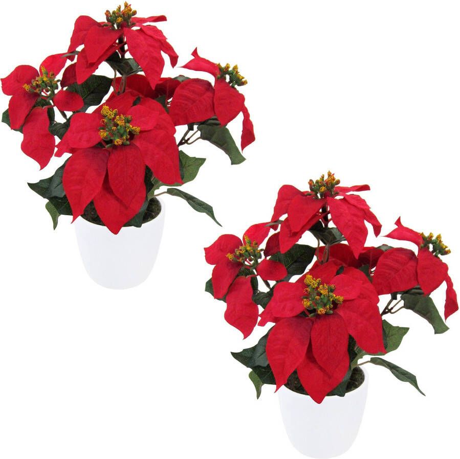 Creativ deco Winterse kunstplant Kerstversiering rood set van 3 inclusief keramieken pot (set 2 stuks)
